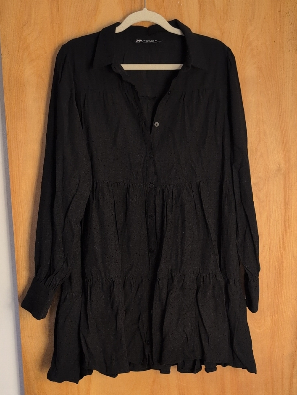 Zara Black Button-Front Tiered Shirt Dress